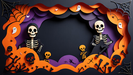 A black paper-cut frame featuring dancing skeletons, skulls, and jack-o'-lanterns for a spooky effect.