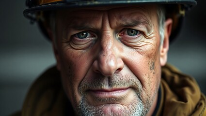 Close up portrait of a firefighter with a weathered face wearing a helmet looking at the viewer