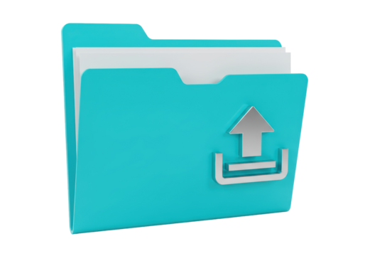 Isolated document folder for storing file upload, with paper sheet and simple arrow symbol