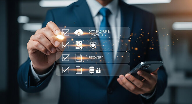 Securing digital future businessman orchestrating data backup recovery with a touch of innovation in modern interface