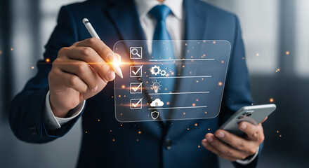 Achieving goals A businessman finalizing a checklist with stylus and phone highlighting progress and strategic planning