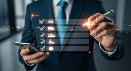 A meticulous manager digitizing transportation checklist using a stylus overseeing freight details with a modern digital