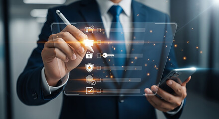 Navigating the future of cybersecurity as a businessman manages digital assets and secure access with modern glowing