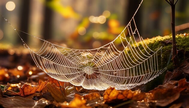 a macro shot of a spider web glistening with dew on a leafy ground in the woods