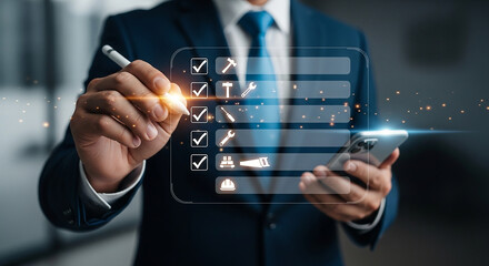 A meticulous project manager overseeing tasks and confirming accomplishments with a digital checklist on a sleek