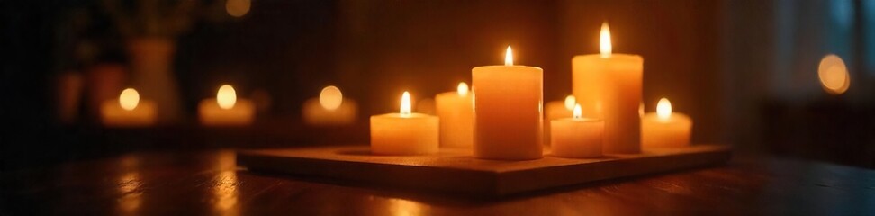 Close-up shot of elegant, flickering candlelight illuminating a dark room, creating a warm and inviting ambiance Perfect for home decor, spa, relaxation, and luxury concepts , inviting, room