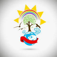 Logo nature tree and sun. Not AI, Vector illustration