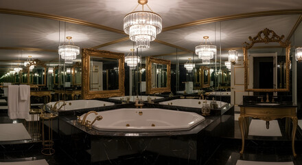 Fototapeta premium Luxurious Bathroom Design: An Extravagant Composition with Mirrors, Chandeliers, and a Jacuzzi