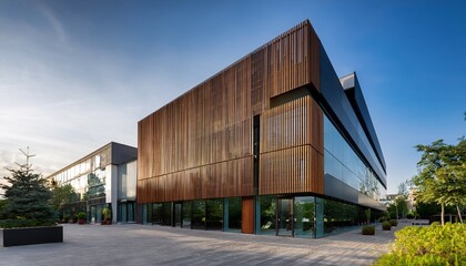 Fototapeta premium modern office building with glass facade and wood accents