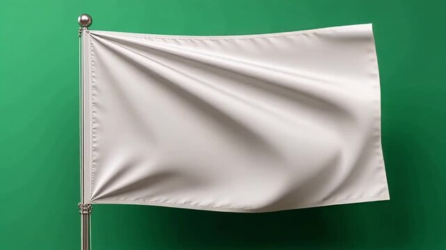 A blank white flag flutters on a flagpole against a vibrant green background, ready for customization.