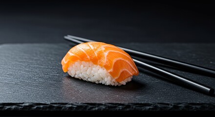 Fresh salmon nigiri sushi with chopsticks on a dark slate stone plate. Minimalist Japanese food concept. Macro shot of traditional asian cuisine appetizer with raw fish on a black background
