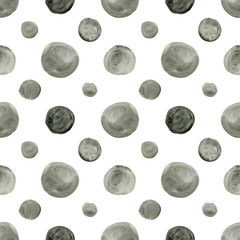 Seamless pattern watercolor geometric oxide black circle dot white background. Hand drawn round shape geometrical illustration. For wallpaper, texture, textile, design, wrapping paper