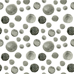 Seamless pattern watercolor geometric oxide black circle dot white background. For wallpaper, wrapping paper, texture, textile, design. Hand drawn round shape geometrical illustration.