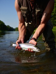 A person with muscular arms catches a rainbow trout in a river surrounded by greenery. The sun shines brightly, reflecting on the clear water, creating a serene outdoor experience