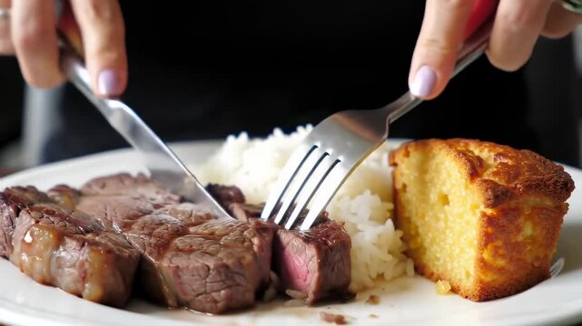 Steak, rice, and cornbread meal