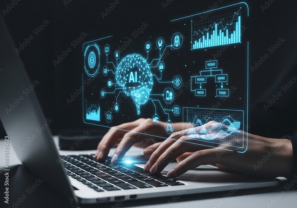 Poster innovative data analysis, digital workspace, interactive visualization, global trends, modern comput