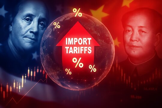 US China Trade War Concept with Import Tariffs and Global Market Impact.