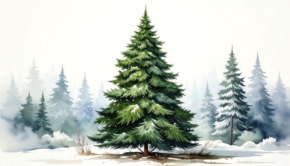 Fototapeta premium A winter forest scene, featuring a majestic evergreen tree, painted in soft watercolor tones, with a snowy landscape and gentle mist.