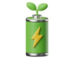 3d icon of green battery icon with a lightning bolt and a sprouting plant, representing clean energy and ecofriendly power storage, isolated on transparent background