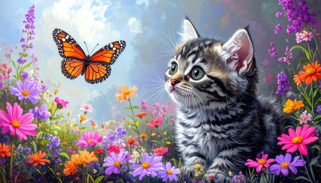 Kitten in a flowery meadow