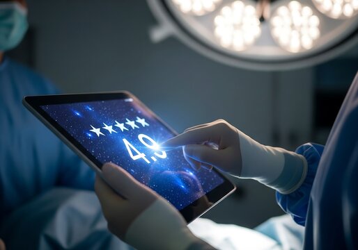 Surgical Evaluation, Medical Staff, Operating Room, Digital Interface, Clinical Environment, Close-Up View, Patient Care Assessment