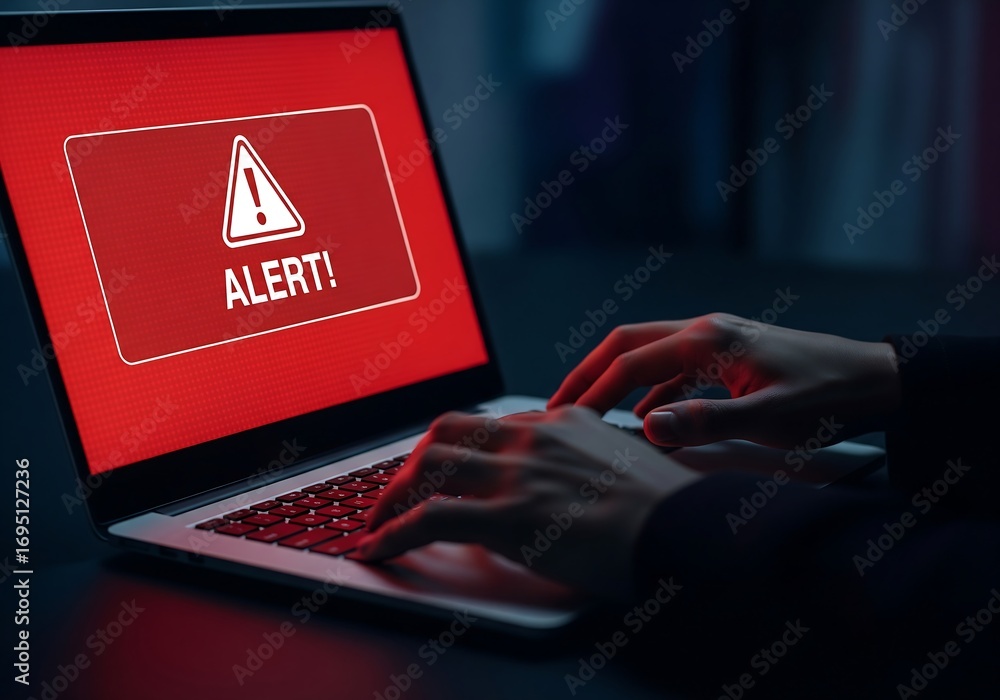 Poster user in action on laptop displaying warning in dark environment