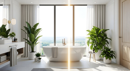 Luxurious Bathroom With Bathtub And Plants, With Large Window Overlooking Nature