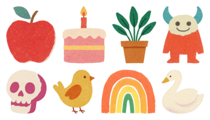 PNG Colorful playful whimsical sticker collection, element set on transparent background