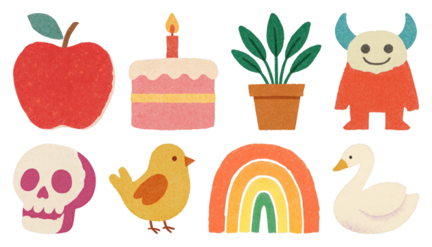 PNG Colorful playful whimsical sticker collection, element set on transparent background