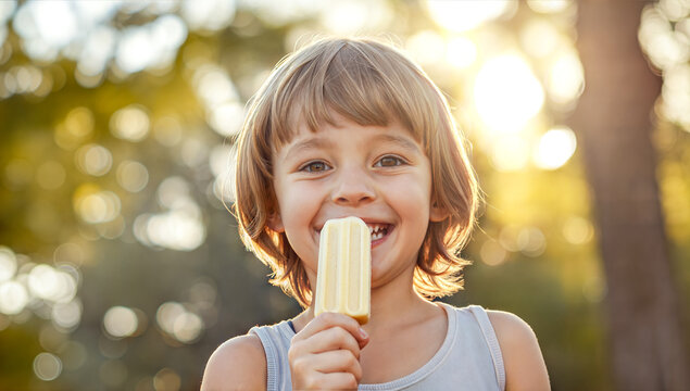 Happy child enjoying a popsicle on a sunny day