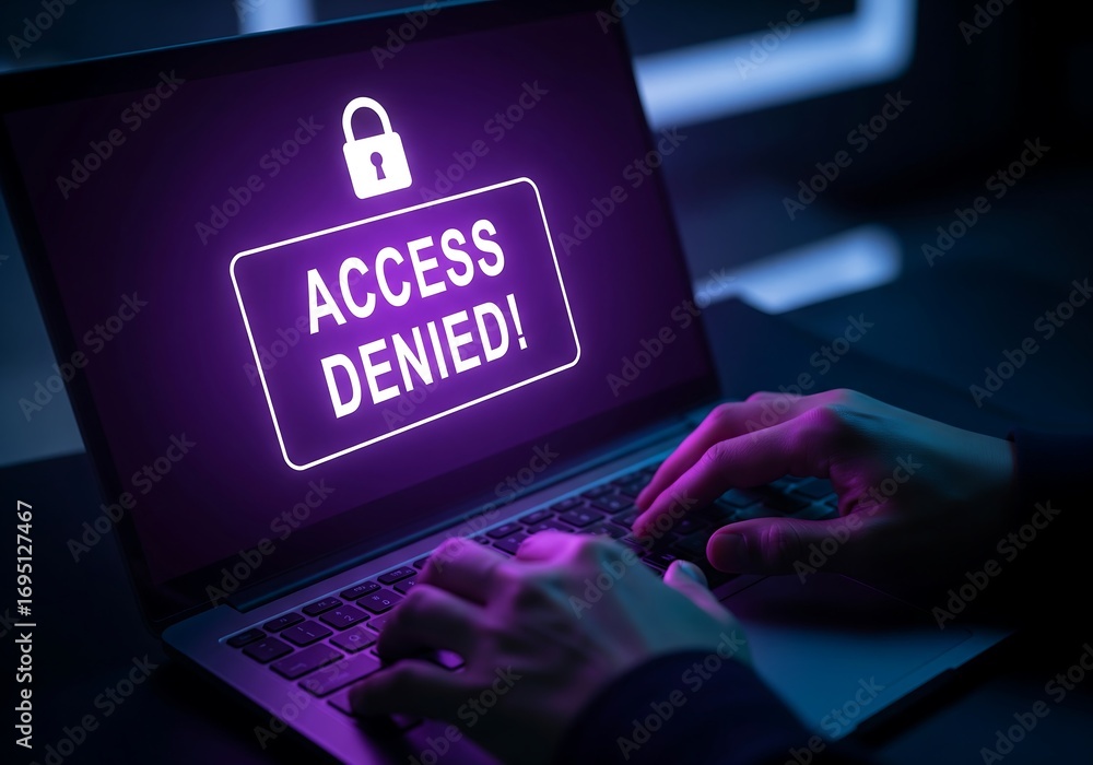 Poster hands typing on laptop with access denied warning in dark environment