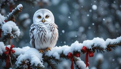 Snowy Owl Perched on a Winter Tree Branch with Christmas Decorations.A beautiful snowy owl sits gracefully on a snow-covered evergreen branch, adorned with festive red ribbons.
