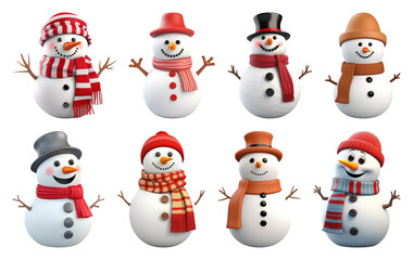 PNG Cheerful snowmen with colorful scarves, element set on transparent background