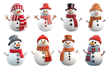 PNG Cheerful snowmen with colorful scarves, element set on transparent background