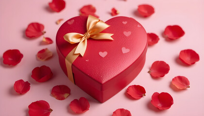 Heart-Shaped Gift Box with Rose Petals, Perfect for Valentine's Day.A heart-shaped gift box, vibrant red with a gold ribbon, sits amidst scattered rose petals on a pastel pink background.