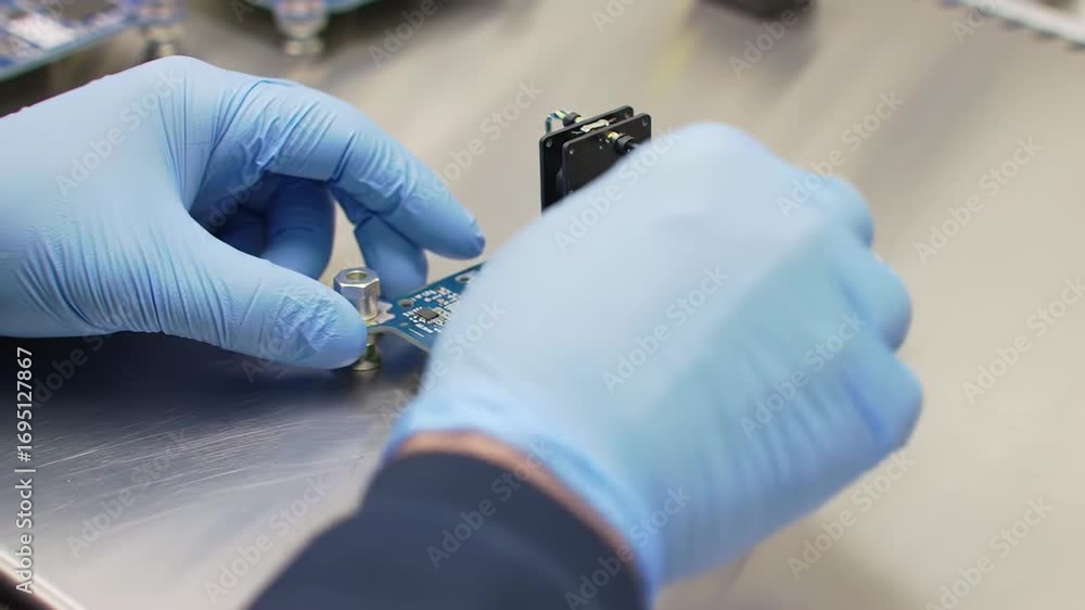 Poster hands in protective gloves assembling and testing electronic circuit board in high-tech engineering 