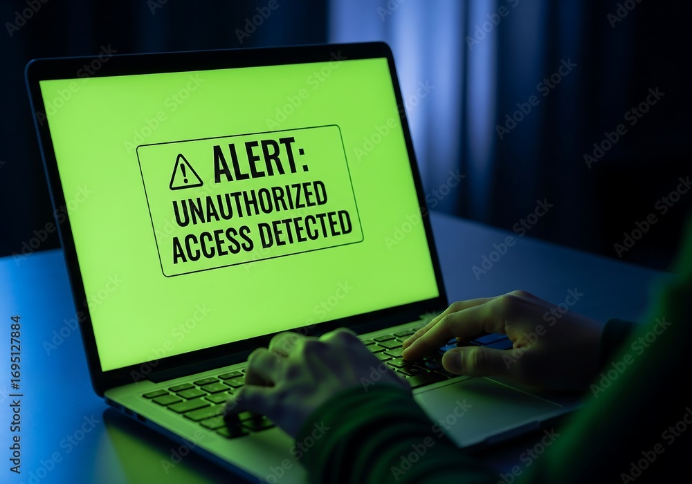 Poster cybersecurity breach detection on laptop in dark environment with user interaction