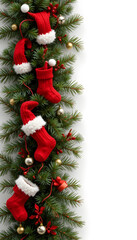 Festive Christmas Garland with Red Socks and Ornaments.A vibrant Christmas garland, featuring red Santa socks, faux pine boughs, and gold and red ornaments, is arranged vertically against a white back