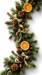 Festive ChristmA beautifully arranged Christmas garland featuring sprigs of evergreen, pinecones, dried orange slices, and rustic twine bows.as Garland with Pinecones, Oranges, and Twine.