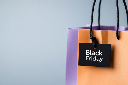 Black Friday shopping bag. Featuring a black tag with white text on a colored paper bag, ready for sales! Celebrate discounts with a new bag