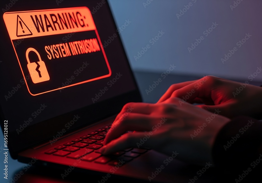 Poster system intrusion warning on laptop screen in dark environment with hands typing