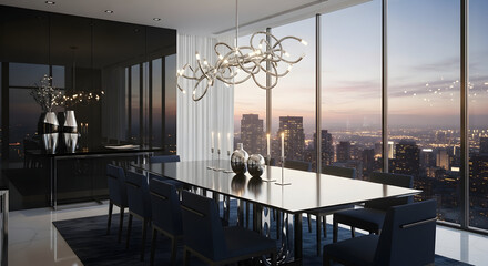 Luxurious Dining Experience With Modern Interior Design And City View At Sunset