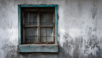 Fototapeta premium A weathered window with a small upper pane shielded by a metal mesh