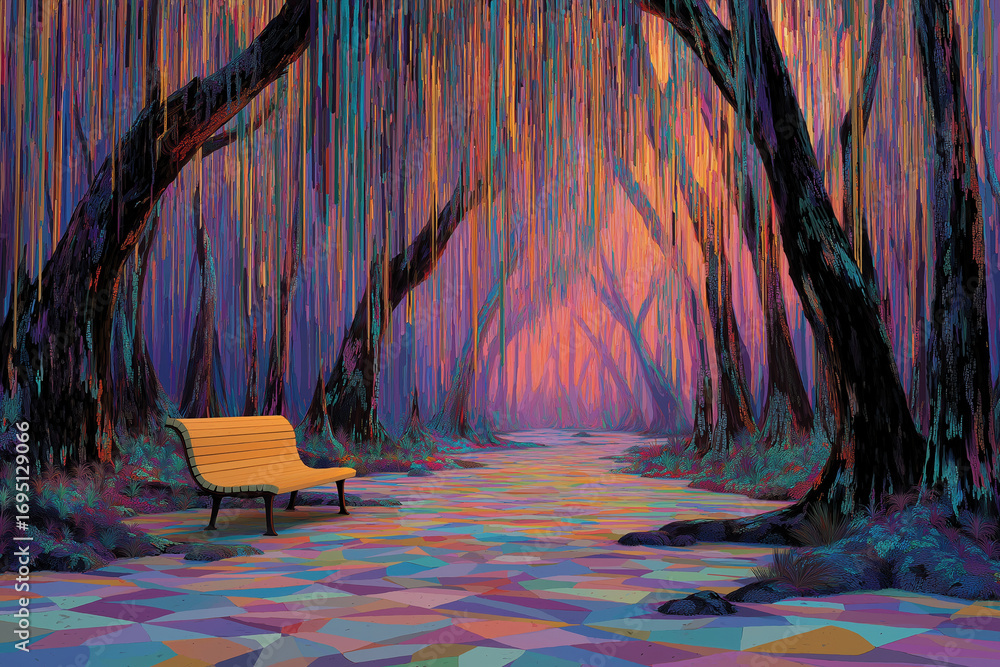 Poster vibrant forest pathway with colorful trees and a bench at dusk