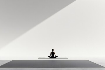 Yoga instructor meditating in a bright, spacious white room, embodying mindfulness and promoting a sense of tranquility and peace