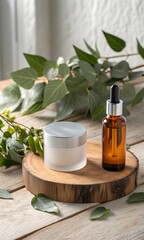 Natural skincare products with botanical elements on a wooden surface