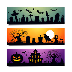 halloween banners backgrounds with trees and bats, Horizontal illustration