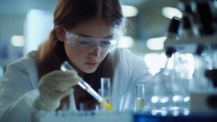 Woman in lab coat. Female scientist pipetting in laboratory. A lab experiment with a coat of research gloves. A female wearing a lab coat lifestyle. - Powered by Adobe