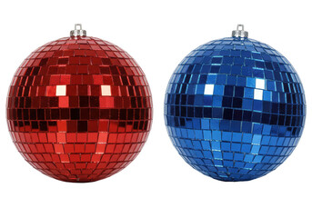 Isolated disco balls with a mosaic of mirror tiles in red and blue colors, decoration