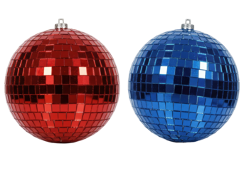 Isolated disco balls with a mosaic of mirror tiles in red and blue colors, decoration